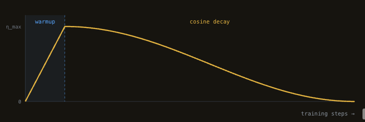 Learning rate over training: a short linear warmup ramp followed by a cosine decay